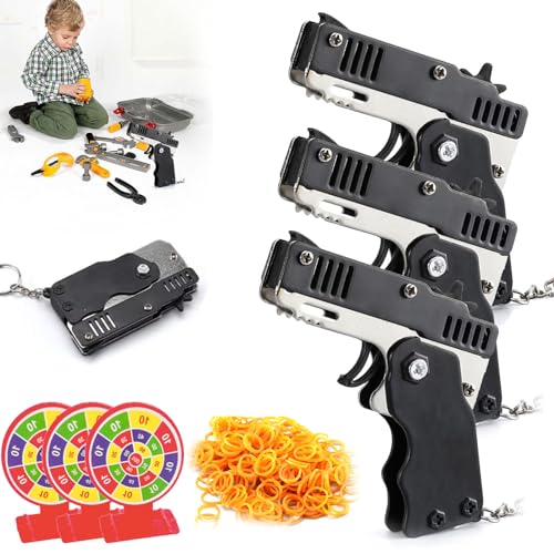 Mini Gummibandpistole Aus Metall,Spielzeug Pistole Kinder,Gummibandpistole Spielzeug,Faltbare Handgefertigte Spielzeugpistole,Klappbare Gummiband Pistolen Spielzeuge+180gummibandm,Schwarz,3pcs