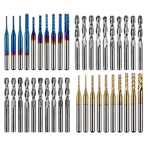 Genmitsu Schaftfräser-Satz mit insgesamt 40 CNC Router Bits, 3,175mm (1/8") Schaft, CNC Fräser-Satz mit 2-Nuten Flach- als auch Kugelkopffräsern, Nano Blue Beschichtung & Titan Beschichtung, MC40A