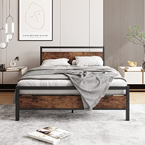 HOJINLINERO Bettrahmen Holz Metallbett Bettgestell aus Metall mit Lattenrost 120x200,Doppelbett 120 x 200 cm,Vintage Braun +Schwarz