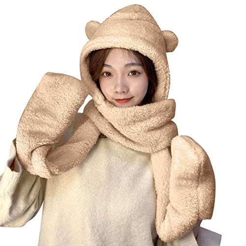 WKAYsIV Mütze Mit Fell Schal 3-teiliges Set Bärenohren Hut Winter Fischerhut Outdoor verdickte Baby Mädchen Mütze Bommelmütze Junge(Beige,Einheitsgröße)