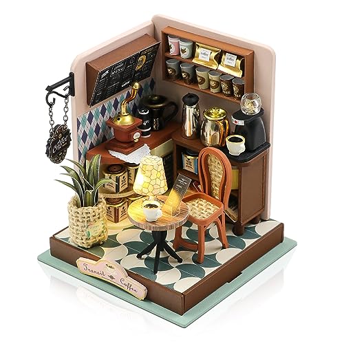 Cuteefun DIY Puppenhaus Miniatur, Miniatur Haus Selber Bauen, Kleine Deko Puppen Haus Kit mit Werkzeugen Bastelset für Geburtstag Weihnachten (Kaffeezeit)