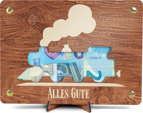 Zug Geschenk - XL Geldgeschenk aus Holz inkl. Ständer | Zug - Modelleisenbahn Deko, Eisenbahn Geschenke, Lokomotive Geschenk, Geschnek Junge, Männer Geschenke