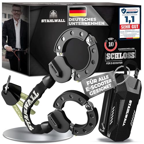 STAHLWALL E Scooter Schloss mit Tasche - maximale Sicherheit, feuergehärteter Stahl, Handschellenschloss für E Roller & Fahrrad