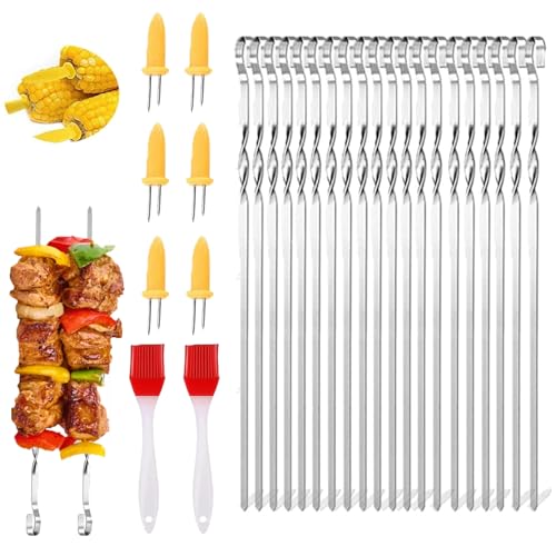 Grillspieße Edelstahl,20 Stücke Grillspieße,30cm Schaschlikspieße Wiederverwendbare Grill Kabob,grillspieße aus rostfreiem edelstahl,Silikonölbürste mitgeliefert und Maiskolbenhalter-Set