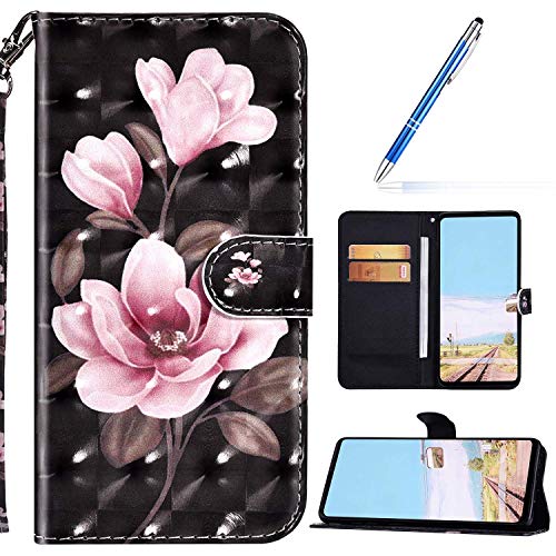 URFEDA Kompatibel mit Huawei Y8P Handyhülle Handytasche Leder Flip Case Brieftasche,Glitzer 3D Bunt Gemalt Muster Schutzhülle Magnetisch Kartenfach Ständer Klapphülle Tasche, Rosa Blume