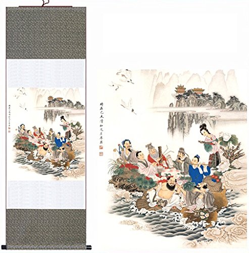 Chinese Painting Home Decorate Calligraphy Scroll Chinesische Seidenmalerei „Die Acht Unsterblichen, die das Meer überqueren“, Heimdekoration, Kalligraphie, Schriftrolle, hängende Kunst, Geschenk(H40\