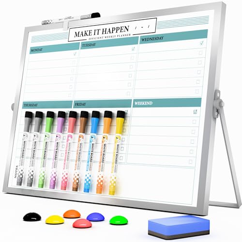 Marsrock Whiteboard mit Ständer, beidseitiger Wochenplaner 30 x 40 cm, inkl. 10 Marker, 6 Magnete, 1 Schwamm. Tragbares Tisch-Whiteboard für Planung und Wochenübersicht – ideal für Schule und Büro