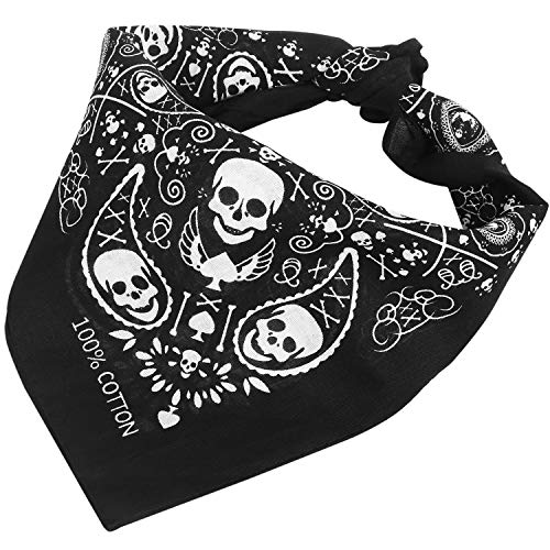 TRIXES schwarze Bandana Schal Kopftuch beidseitig bedruckt im Totenkopf-Design mit kariertem Rand