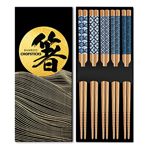 KYONANO Essstäbchen, 5 Paare Japanische Stäbchen aus Bambus, Wiederverwendbare Chopsticks, 23cm Sushi Stäbchen, Waschbar Essstäbchen Set für Geschirrspüler, Leicht rutschfest Essbesteck