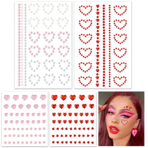 BOOMTOP 4Blatt Edelsteine Aufkleber Herz Strasssteine Aufkleber Selbstklebend Herzen Valentinstag Temporäre Tattoos Glitzersteine Gesichtstattoo Rot Weiß Rosa für Karneval Fasching Musikfestival