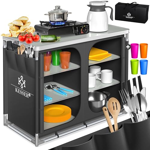 KESSER® Campingküche | Inkl. Tragetasche & Becherset | Campingschrank Faltschrank | mit Aluminiumgestell | Reiseküche | Küchenbox | Zeltschrank | Outdoor Camping Küche | Anthrazit | Typ F6