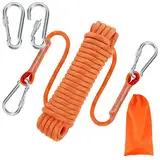 RAKUTE 10mm*10M Kletterseil, Outdoor Sicherheitsseil, Nylon Seil Statisches Kletterseil mit 2 Karabinern Rettungsseil Feuerrettungs-Fallschirm-Seil für Arbeiten in der Höhe/Feuerleiter/Abseilen/Sport