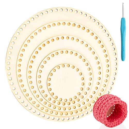 5 Größen Naturholzkorbboden Natural Wood Basket Base Peddigrohr Boden Circle Blank Crochet Basket Wood Base mit 1PCS Crochet Hook, Round Basket Base mit Loch für DIY Korb Weben Crochet Supplies