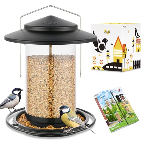 iBorn Vogelfutterspender,Metall Vogelfutterhaus zum Aufhängen,Futterstation für Kardinal mit Futterschale,6 Futterlöcher,18 cm großes Dach,Wetterfest Wildvögel Vogelhaus,Schwarz