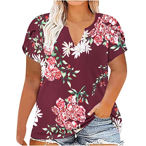 Plus Size Tops für Frauen Mode Blütenblatt Ärmel T-Shirts Sommer V-Ausschnitt lockeres bequemes T-Shirt Glitzer Hose Damen Party Elegant Trachtenbluse Damen Große Größen Damen T-Shirt Locker