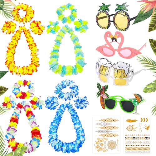 LETTERASHQP 22 Stück Hawaii Ketten Blumenkette Set Hawaii Party Kostüm mit 16 Hawaii Kette Blumen 4 Tropical Sonnenbrille 2 Gold Hawaii Tattoos für Hawaiian Party Tropische Beachparty Deko