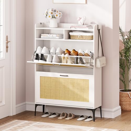 Dripex Schuhschrank schmal, Schuhkipper mit Rattan-Dekor, mit 2 Flip-Schubladen,Schuhregal schmal mit Metallfüßen für den Eingang, Flur, Wohnzimmer, 80x24x100cm