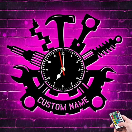 Personalisierte Reparaturwerkstatt-Wanduhr, Neonschild, Kunst, benutzerdefinierter Metallname, beleuchtet, LED-Reparaturwerkstatt, Wanduhr, leiser Quarz, kein Ticken, Garagenreparator, Geschenk für