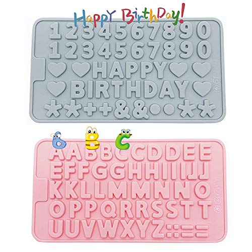 2 Stück Silikonform Buchstaben Set, XCOZU Silikonformen Alles Gute zum Geburtstag Symbol Backform, Schokoladenform Silikon Zahlen Form zum Kuchen Keks Süßigkeiten Mini Fondant Dekoration(Pink, Blau)