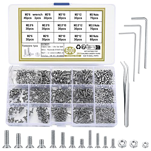 600 Stk M2/M2.5/M3 Innensechskant Sechskantschrauben mit Muttern Set, Edelstahl Senkkopfschrauben mit Muttern Sortiment Kit, Gewindeschrauben Maschinenschrauben für Haus Garagen Möbel