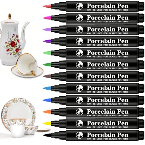 Ceramic Marker pens porzellanstifte spülmaschinenfest,Wasserfester porzellanstift 12 Farben Geeignet für Zeichnungsmuster und Designkreationen auf verschiedenen Porzellan.