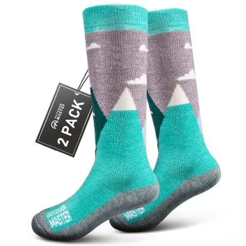 OutdoorMaster 2 Paar skisocken kinder, Snowboarding Atmungsaktive thermische Socken für Mädchen und Jungen für Outdoor-Sportarten mit Über die Wade Design/Anti-Rutsch-Bündchen