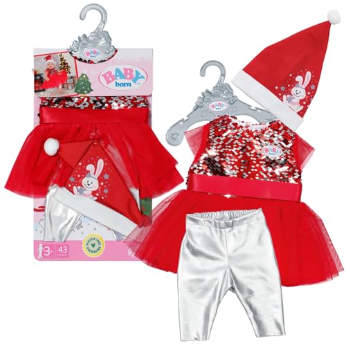 BABY born Weihnachtsoutfit 43cm, Weihnachtskleid mit Pailletten, Leggings und Weihnachtsmütze für 43cm Puppen, 836118 Zapf Creation