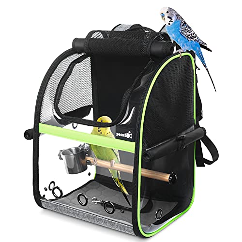 pecute Rucksack für Vögel mit Holzstab, Leichte Träger Vogel Transporttasche, Wasserdichte Papageien Reiserucksack mit Edelstahl-Tablett und Stehstange, Transportbox Vogel, 34 x 28 x 43cm