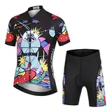 SXSHUN Radtrikot Set Fahrrad Anzüge Kinder atmungsaktiver Fahrradanzug Kurzarm Fahrradhemd + mit Sitzpolster Radhose schnell trocknendem Material Jungen Mädchen, Alien, 134-140