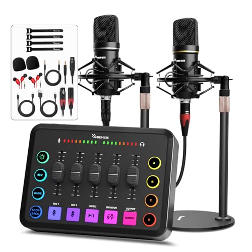 Podcast Equipment Bundle für 2, Audio-Schnittstelle mit XLR-Kondensatormikrofon und 3,5-mm-Mikrofon, RGB, Stummschaltung, 48 V Phantomspeisung für Streaming, Gaming, Aufnahme, Schwarz (H1)