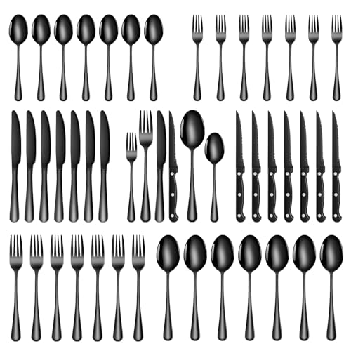 TAN REN Besteck Set Schwarz 8 Personen, 48-teiliges Edelstahl Besteckset mit Steakmesser, Elegantes Essbesteck mit Messer Gabel Löffel, Tafelbesteck für Küche/Restaurant