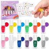 wakaniya Kinder Nagellack, 12 Farben Peel-Off Ungiftig Kindernagellack Mädchen mit Nagelsticker, Schnell Trocknend und Leicht zu Entladen, Nail Polish Geburtstagsgeschenk