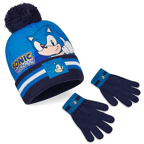 SONIC THE HEDGEHOG Mütze Jungen Schal Handschuhe Set Kinder Wintermütze Set (Blau 2 Stück)