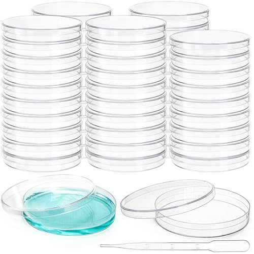Lawei 50 Stück Kunststoff Petrischalen 90 mm x 15 mm Sterile Bakterienkulturschale mit Deckel, Petrischale Transparent mit Tropfer für Schulen und Laborkultur Bakterienhefe