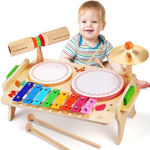 Sweet time Kinder Trommel Set, Musikinstrumente Kinder Set Musik Kinderspielzeug mit Xylophon, Holz Spielzeug Baby Musikspielzeug Montessori Lernspielzeug Schlagzeug für Kleinkinder Jungen Mädchen