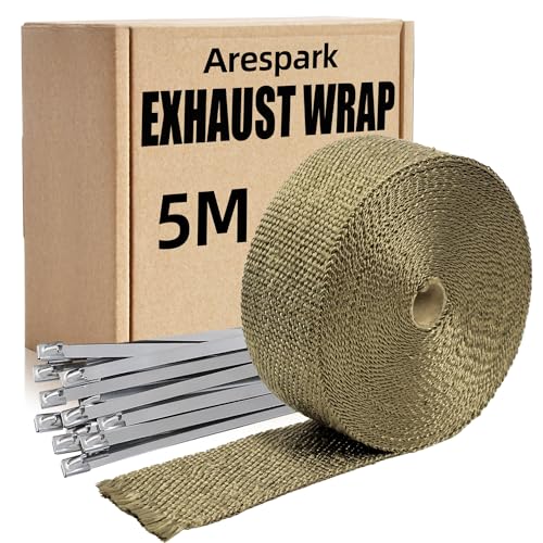 Hitzeschutzband Auspuff, Arespark 5M Titan Hitzeschutzband aus Basaltfaser, Golden Auspuffband mit 10 Kabelbinder Edelstahl, für Auspuffkrümmer von Motorrädern und Autos