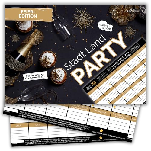 Stadt Land Party by snaPmee - Quiz Spiel Geburtstag, JGA, Hochzeit, Silvester & Co - Geschenk für Teenager + Erwachsene - 50 Blatt Din-A4