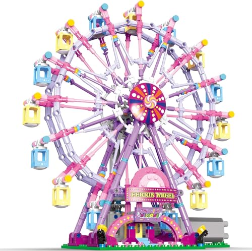 JDMDKB Rotierendes Riesenrad Bauklötze Kit, mit Lichtern Vergnügungspark Baukonstruktion Spielzeug Set für 8+ Kind and Erwachsen (Rosa)