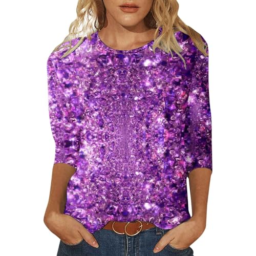 Damen Baggy T-Shirt Damen-T-Shirt-Oberteil mit Pailletten, lässig, Bedruckt, Rundhalsausschnitt, lockere Ärmel, Viertelärmel T-Shirt Damen mit Aufdrutiere (Purple, XL)