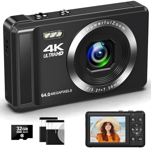 4K 64MP Digitalkamera mit 32 GB Speicherkarte Autofokus-Kompaktkamera mit 16-fachem Digitalzoom, wiederaufladbare 2 1200mAh Batterien 2,4-Zoll-Mini-Kinderkamera für Anfänger