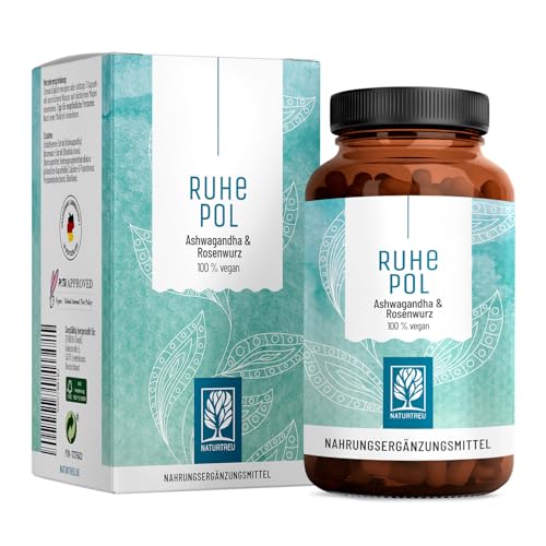 NATURTREU® Ruhepol - Ashwagandha Kapseln hochdosiert - 120 vegane Kapseln - 500 mg Ashwagandha pro Tag - Ashwagandha Komplex mit Rosenwurz-Extrakt - ohne unerwünschte Zusatzstoffe - laborgeprüft