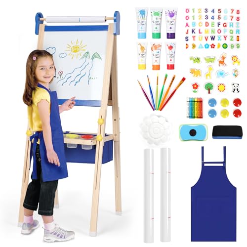 Kinderstaffelei 3-1, magnetische Kinder Kreidetafel & Whiteboard, Großer Stauraum mit Leinentasche, Staffelei Kinder, Kreide, Pinseln, Zahlen-Buchstaben-Magneten, Schürze, Geschenk für Kinder,Blau