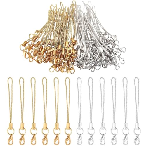 NIANOPKM 50 Einfache Handy Lanyard Strap für Schlüssel Schlüsselanhänger,Handyanhänger Schlaufen mit Karabiner,Telefonring Strap Handy Charm Cord zum Pendents USB Schüsselanhänger（Gold + Silber）