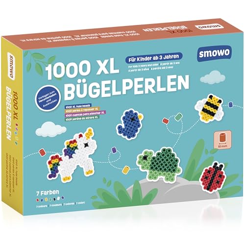 Smowo® Große 10mm Bügelperlen 1000 Stück für Kinder ab 3 Jahren - 7 bunte Farben XL Steckperlen - Kreatives Perlenset