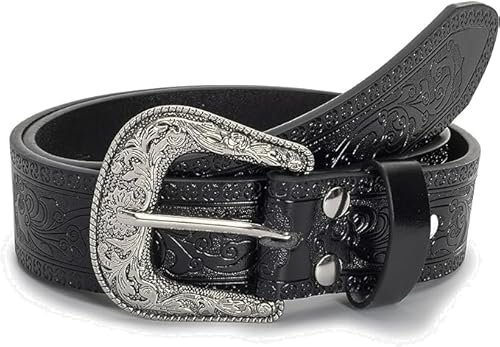 XuoAz Frauen Vintage Western PU Leder Strass Schnalle Gürtel Cowgirl Bling-Diamond Country Taille Gürtel (für Taille 33" bis 38"), Schwarze und geprägte Schnalle, for 33" to 38" Waist