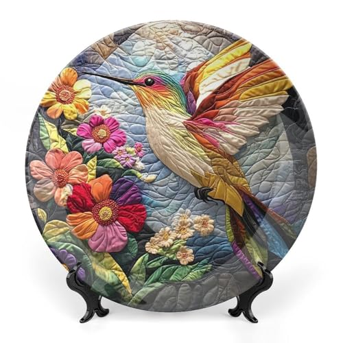 Kolibri Keramik Deko Teller, Natur Dekorative Schale mit Ständer, Blumenpflanzen Knochenporzellan Dekoteller Kunst Porzellan Teller für Wohnzimmer Flur Tischdekoration