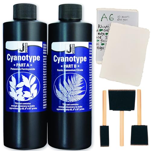 Cyanotypie Kit für Sonnendruck Papier - Gebündelt mit Handgefertigtem Künstlerpapier, Schaumpinselen & Tipps Blatt - Cyanotype Kit zur Herstellung von Solar Fotopapier für Sonnenographie, Solardrucke