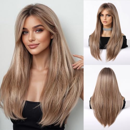 Esmee Lange Gerade Aschblonde Perücken für Frauen Natuaral Synthetisches Haar Hitzebeständig Ombre Perücke für Tägliche Party Cosplay Verwendung