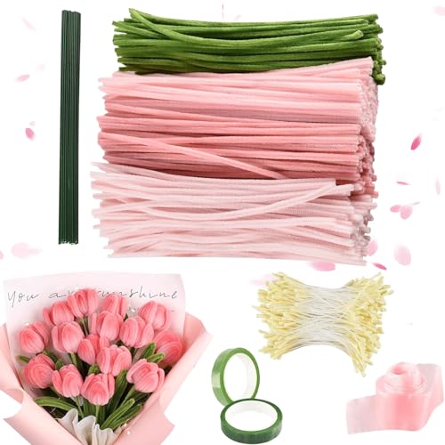 Pfeifenreiniger Blumenset zum Basteln, 300pcs Pfeifenputzer zum Basteln Set 4 Farben, Blumenstrauß Pfeifenreiniger Set, Flexibel Verdickt Chenilledraht mit Klebeband Blumendraht Band Bänder Staubgefäß