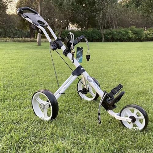 Newfly Golftrolley mit 3 Rädern, Ultraleicht, zusammenklappbar, mit Fußbremse, einfach zu öffnen und zu schließen, Golfwagen, mit Schirmhalter und Aufbewahrungstasche, (White)